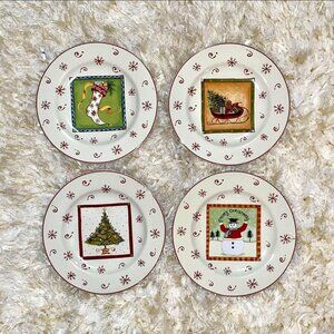 Sakura Happy Holiday Plate Set 4 Pc Stoneware Christmas Winter Excellent!